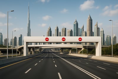 Dubai skyline with a modern highway and toll gate Dubai skyline with a modern highway and toll gate