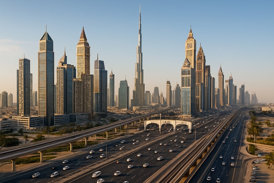 Dubai skyline with major toll road Dubai skyline with major toll road